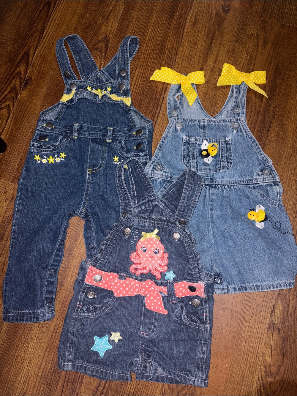 Y2K 12m Girls Denim Overalls Set with Yellow and Pink Accents
